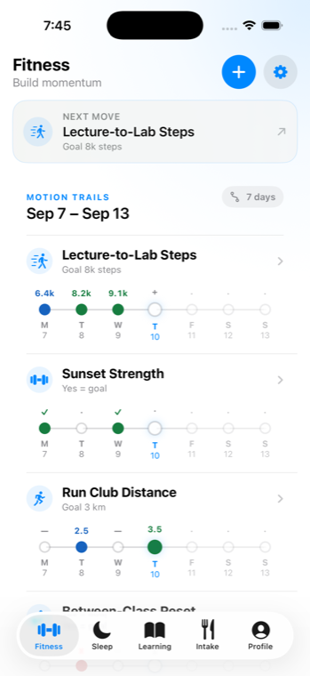 Fitness: weekly movement and wellness progress
