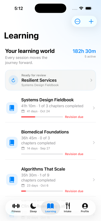 Learning: books, exam dates, and review progress