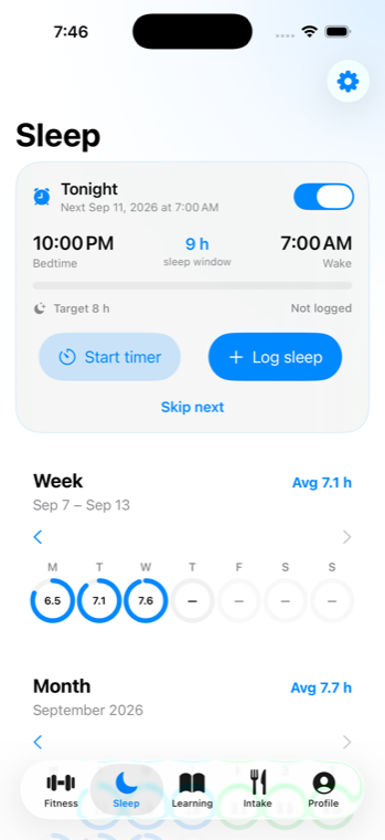 Sleep: alarm, target, and sleep history